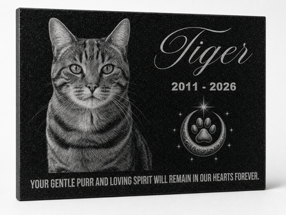 Cat memorial stone with photo engraved in black granite — ADFSTONE