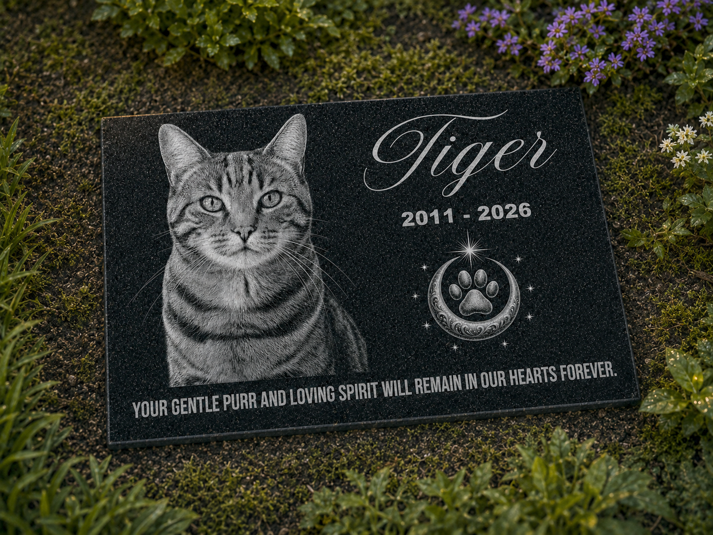 Custom cat grave marker with picture and paw emblem — ADFSTONE