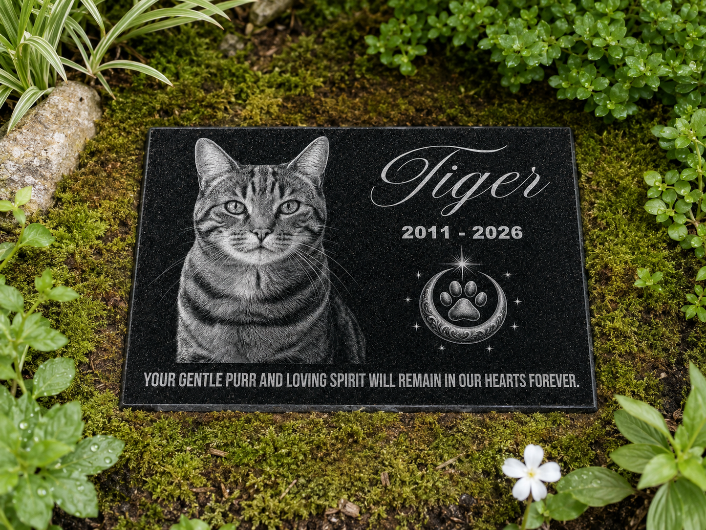 Personalized cat memorial plaque with laser engraved portrait — ADFSTONE