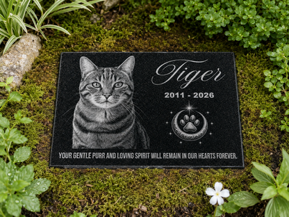 Personalized cat memorial plaque with laser engraved portrait — ADFSTONE