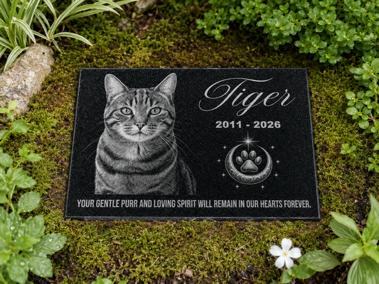 Personalized cat memorial plaque with laser engraved portrait — ADFSTONE