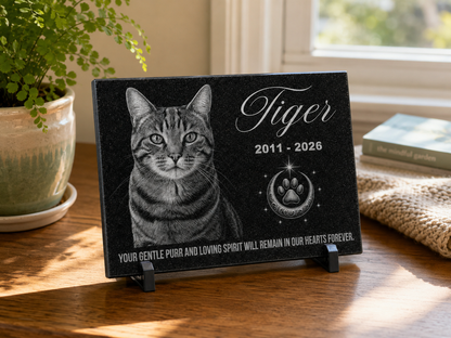 Cat loss sympathy gift, engraved granite memorial with photo — ADFSTONE