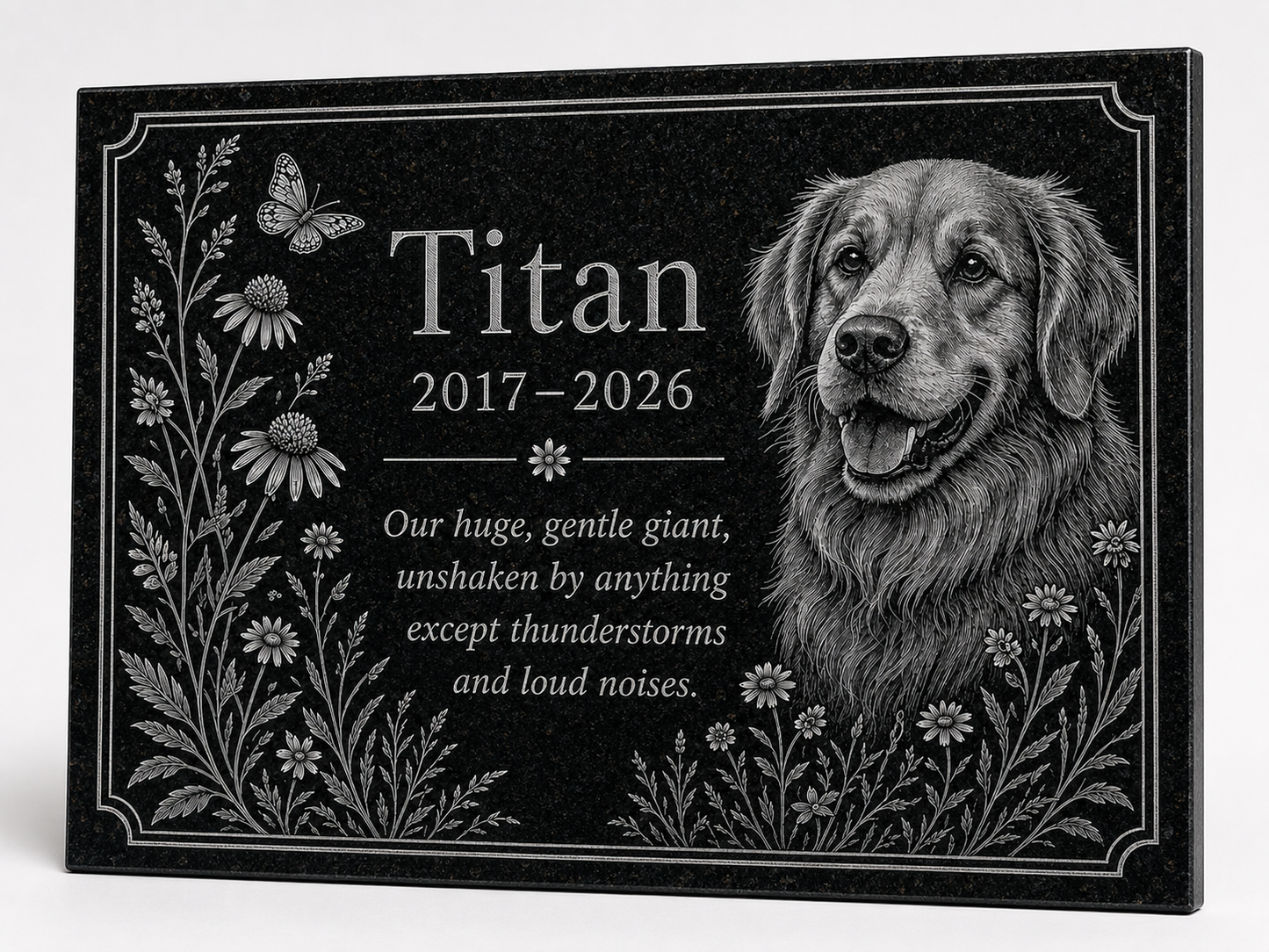 Dog memorial stone with photo engraved in black granite — ADFSTONE
