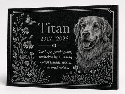 Dog memorial stone with photo engraved in black granite — ADFSTONE
