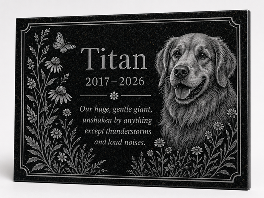Dog memorial stone with photo engraved in black granite — ADFSTONE