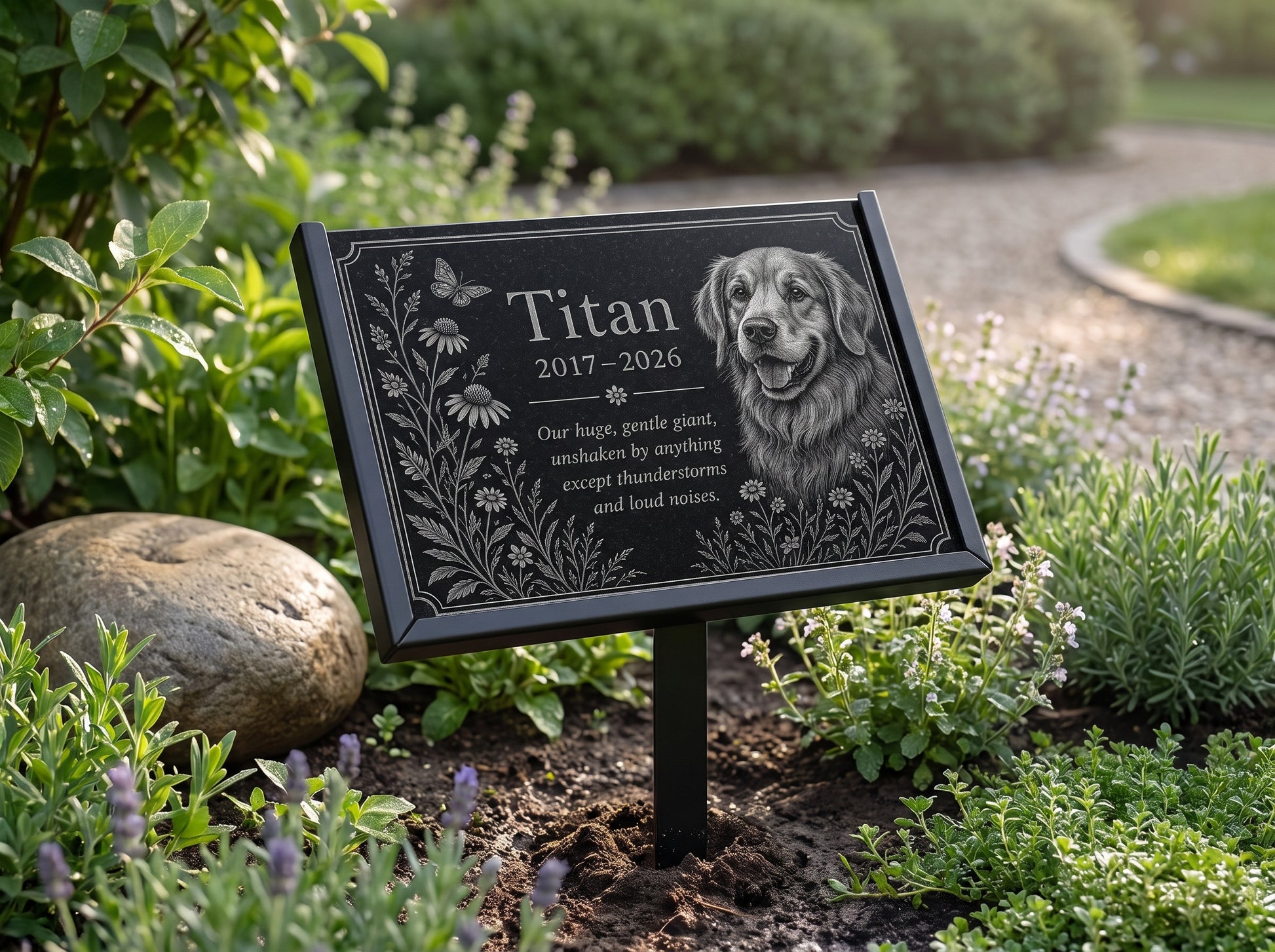 Pet memorial stone for dogs with engraved photograph — ADFSTONE