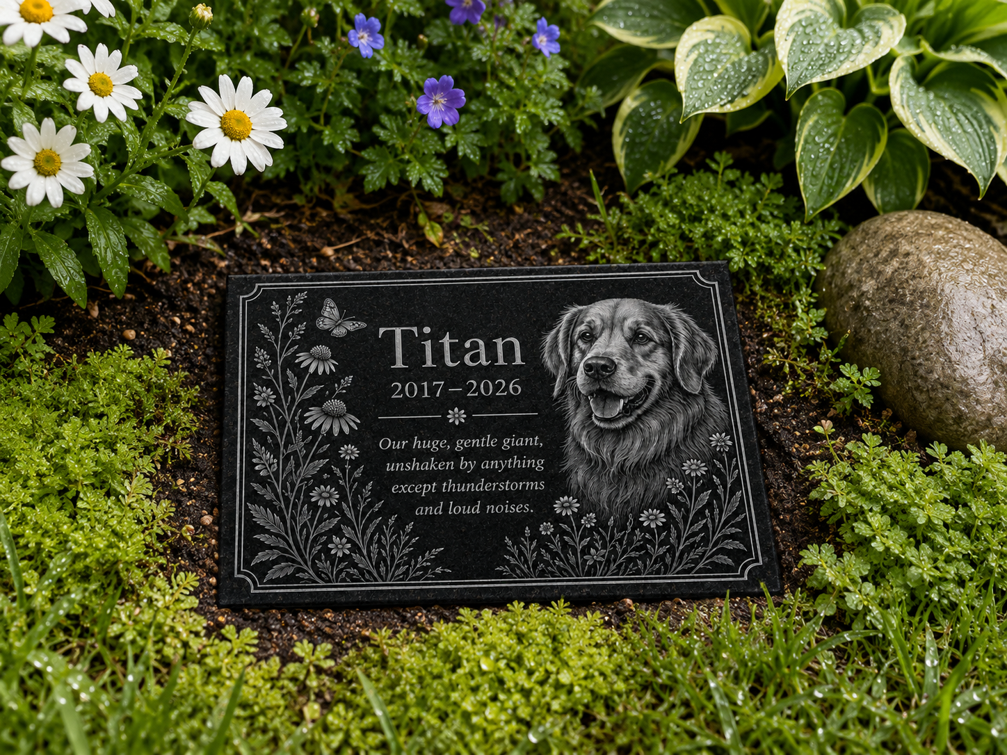 Dog loss sympathy gift, engraved granite memorial with photo — ADFSTONE