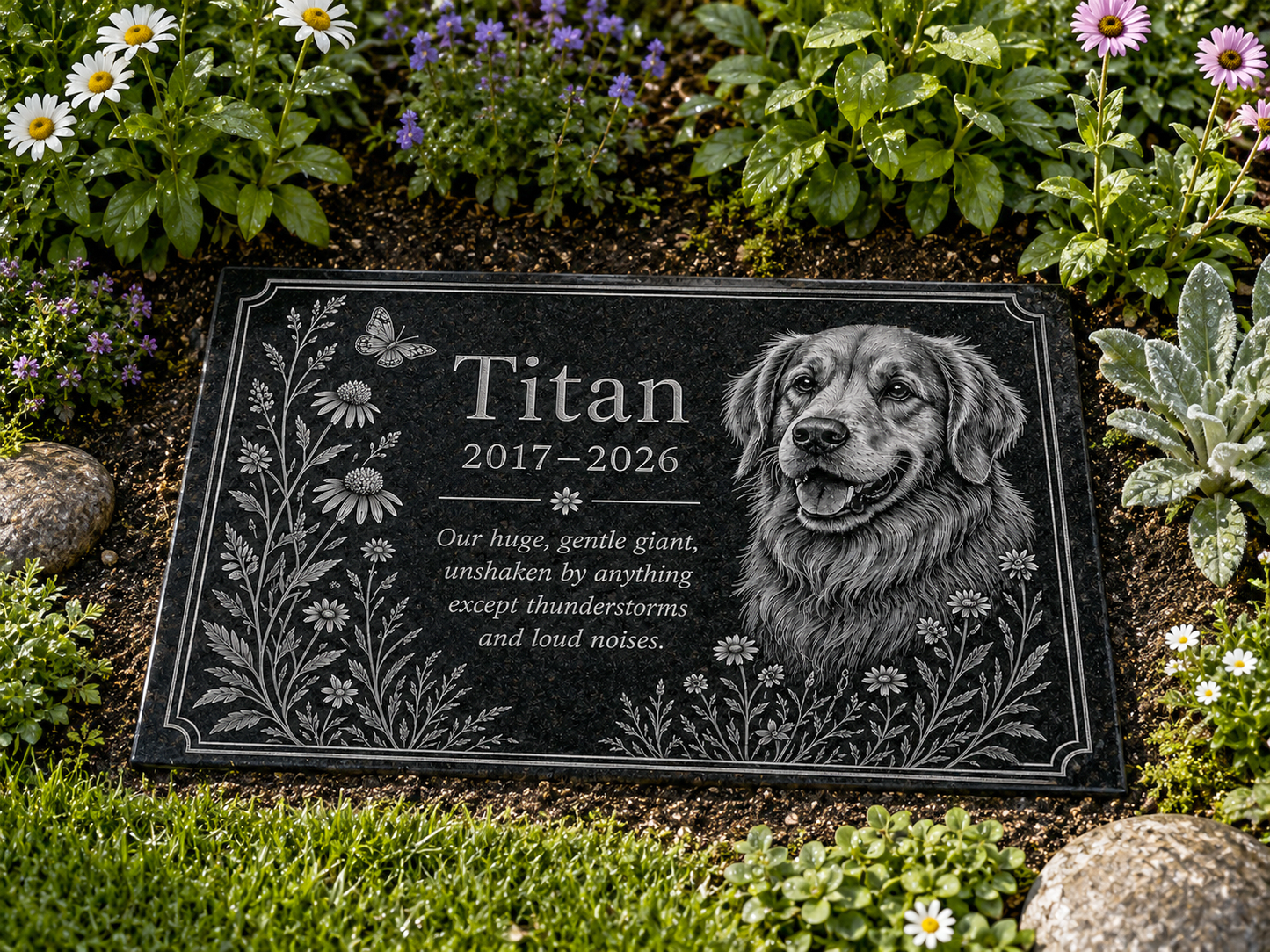 Weatherproof dog memorial plaque for garden or graveside — ADFSTONE