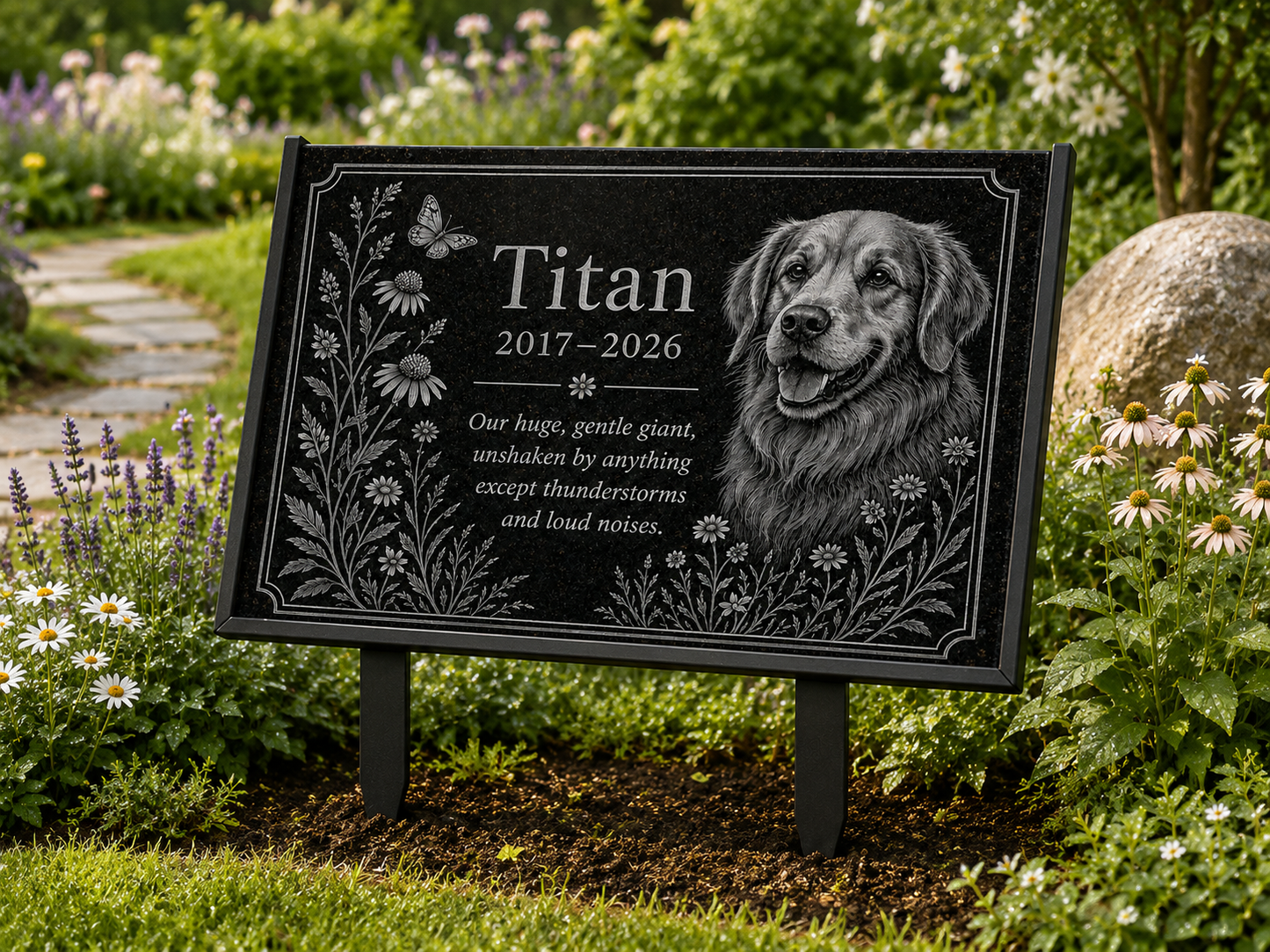 Custom dog grave marker with picture and floral border — ADFSTONE