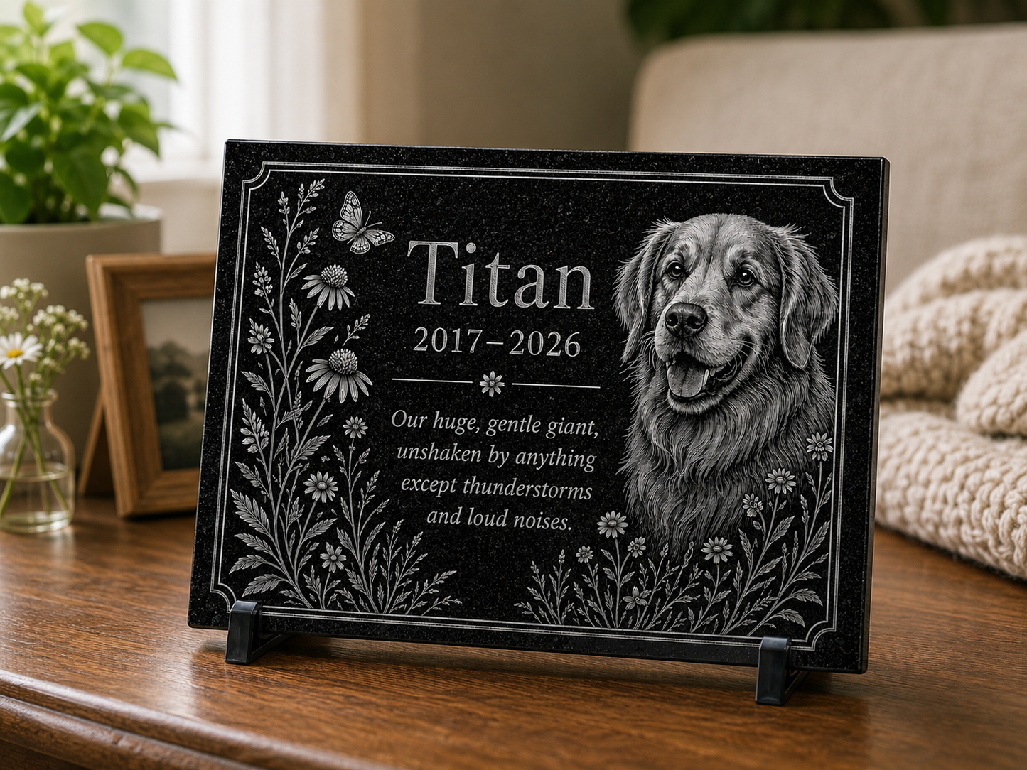 Personalized dog memorial plaque with laser engraved portrait — ADFSTONE