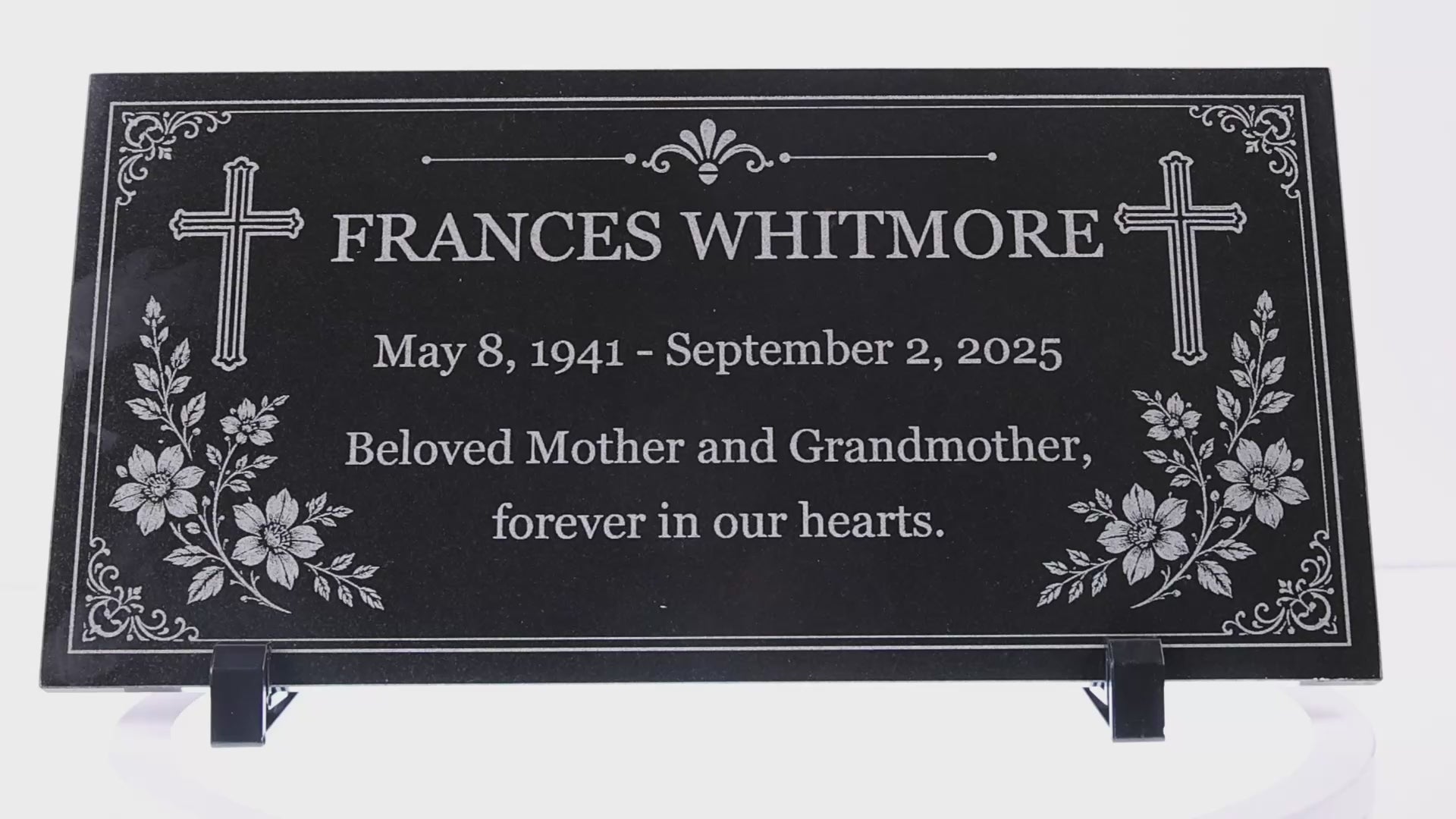 Video of a memorial stone for mom with engraved crosses and flowers — ADFSTONE