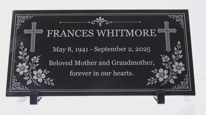 Video of a memorial stone for mom with engraved crosses and flowers — ADFSTONE