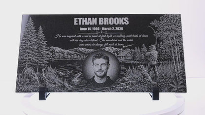 Video of a fisherman memorial stone with engraved lakeside scene — ADFSTONE
