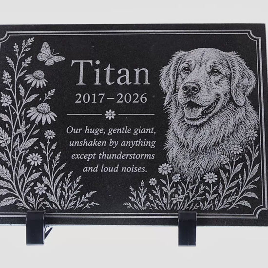 Video of a dog memorial stone with engraved photo and floral border — ADFSTONE