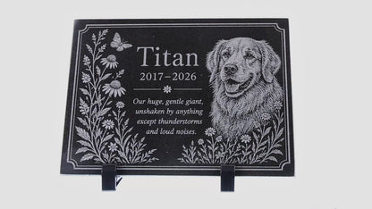 Video of a dog memorial stone with engraved photo and floral border — ADFSTONE