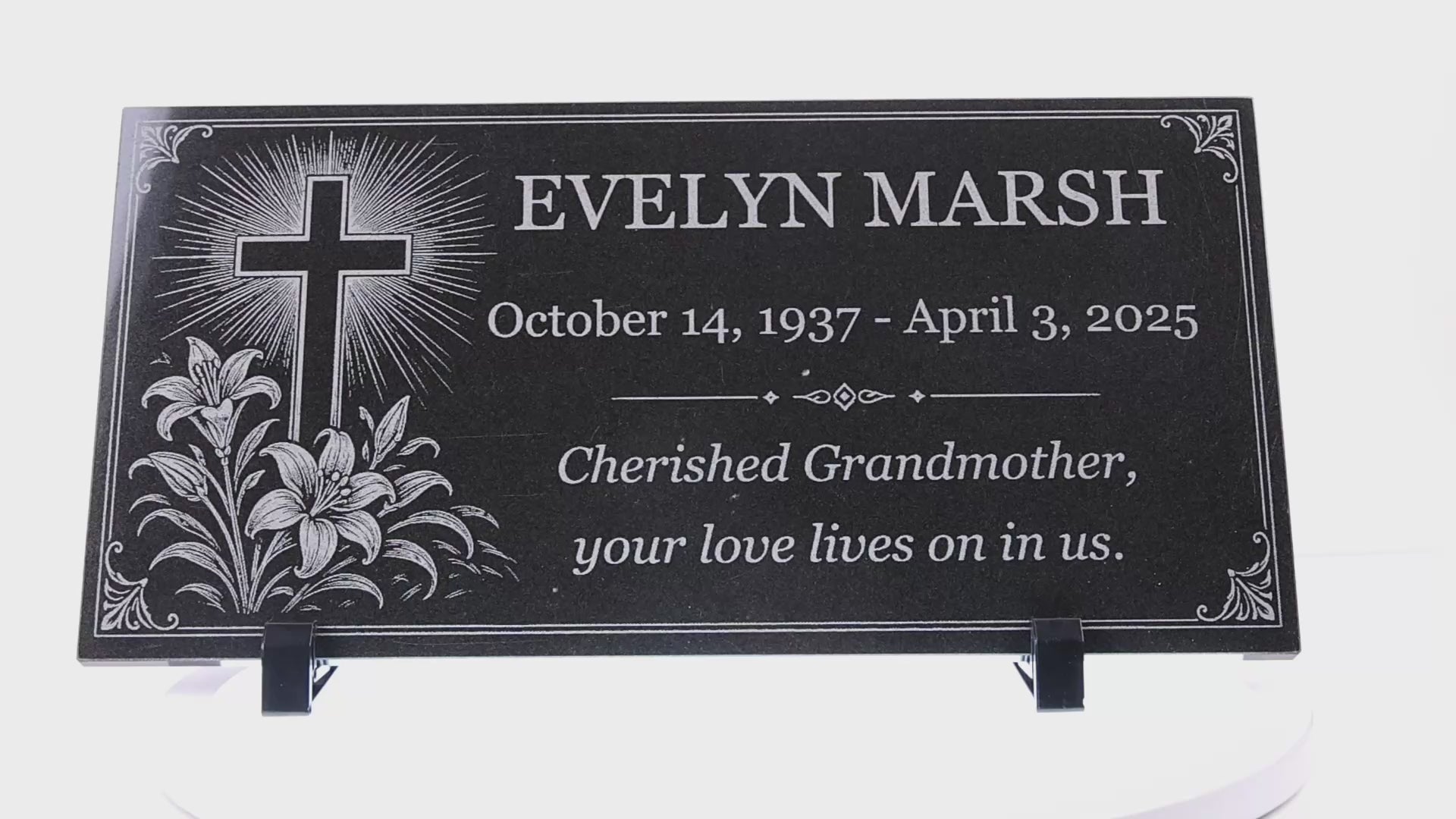 Video of a memorial stone for grandma with engraved lily cross — ADFSTONE