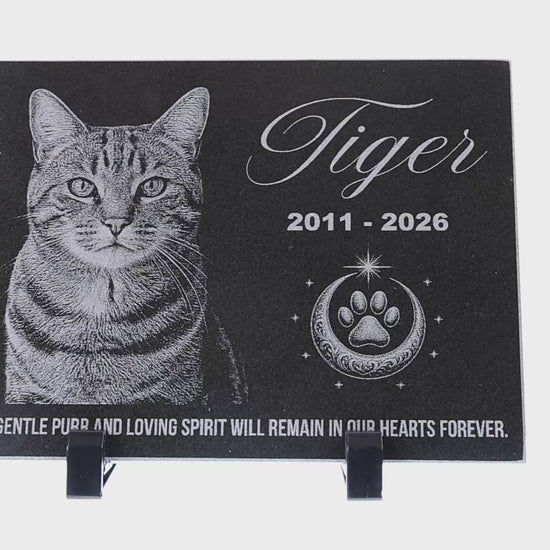 Video of a cat memorial stone with engraved photo and paw emblem — ADFSTONE