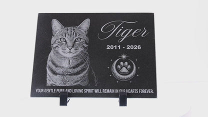 Video of a cat memorial stone with engraved photo and paw emblem — ADFSTONE