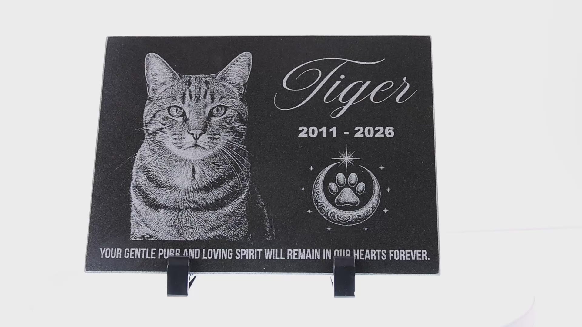 Video of a cat memorial stone with engraved photo and paw emblem — ADFSTONE