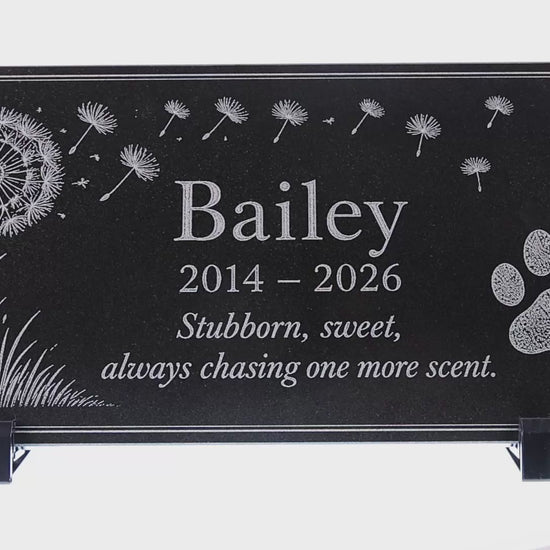 Video of a dog memorial stone with engraved dandelion design — ADFSTONE