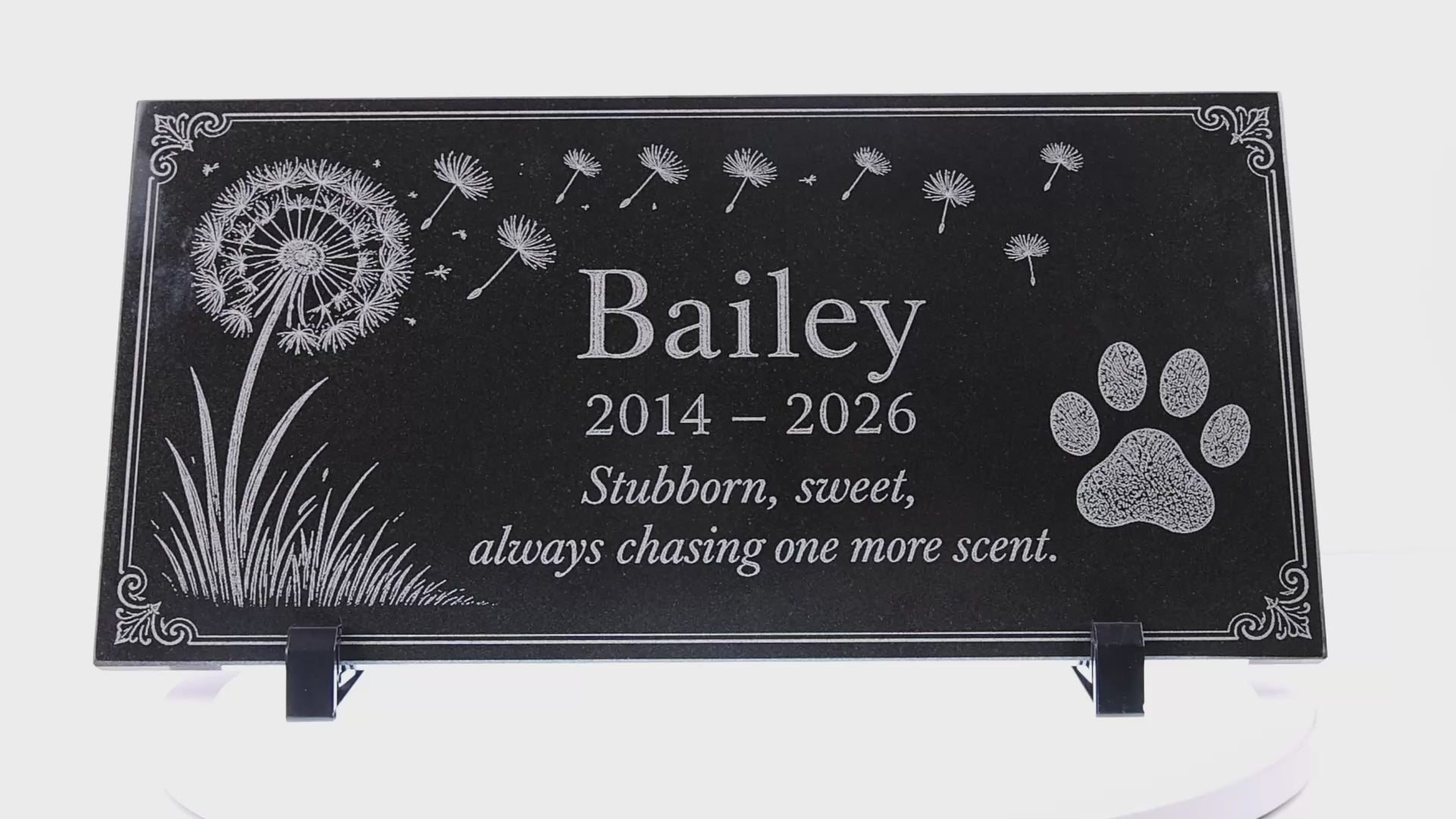 Video of a dog memorial stone with engraved dandelion design — ADFSTONE