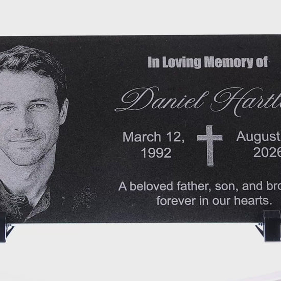 Video of a personalized granite memorial plaque with engraved photo and cross — ADFSTONE