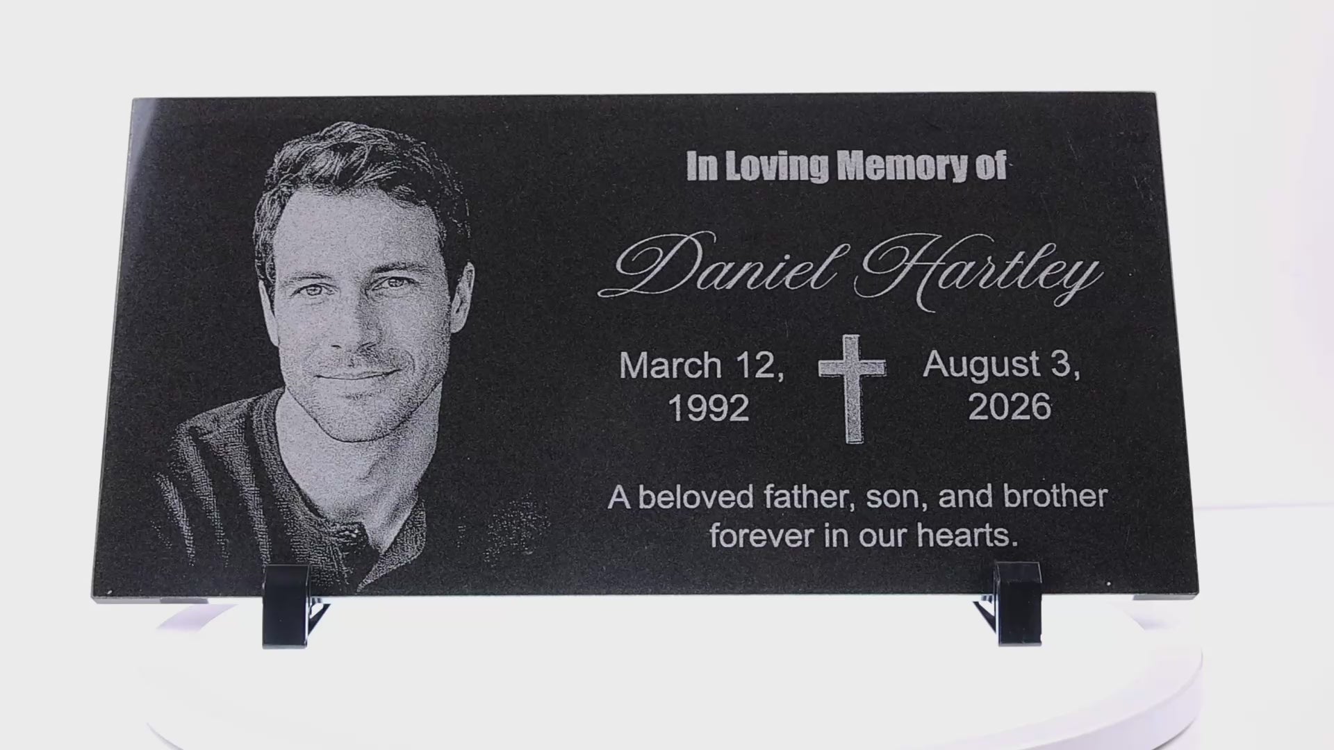 Video of a personalized granite memorial plaque with engraved photo and cross — ADFSTONE
