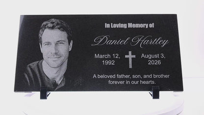 Video of a personalized granite memorial plaque with engraved photo and cross — ADFSTONE